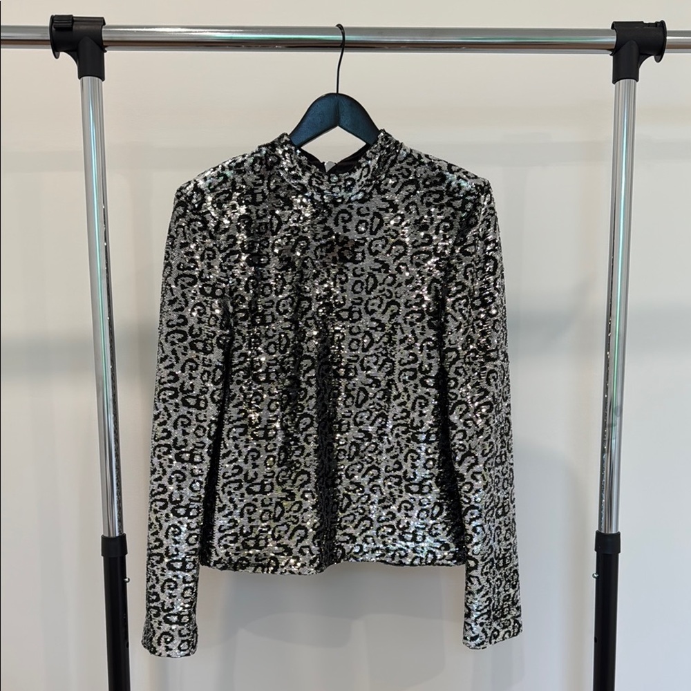 RtA🪩 Freddie Long Sleeve Silver Sequin Leopard Top Shoulder Pad High Mock Neck M